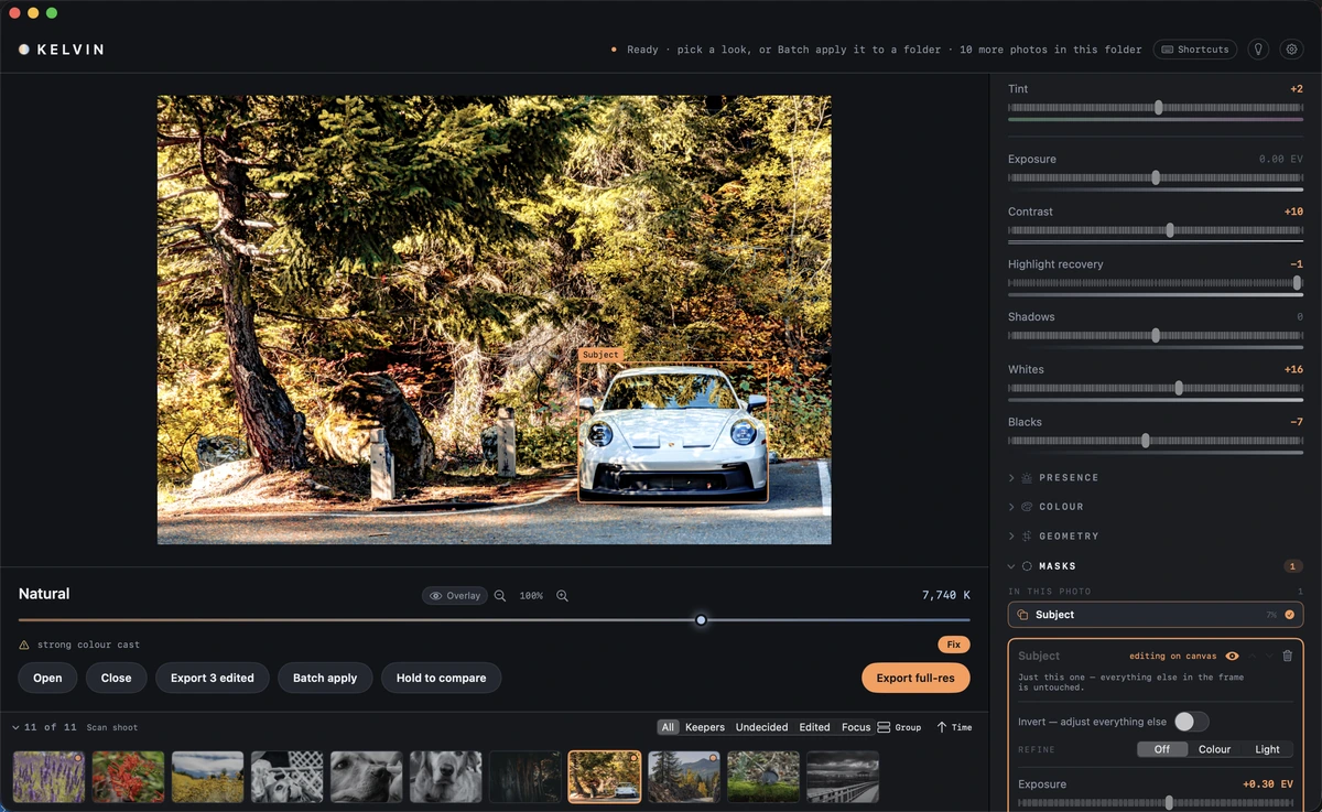 A subject mask in Kelvin, isolating the car from the forest road behind it, with its editor open on the right.