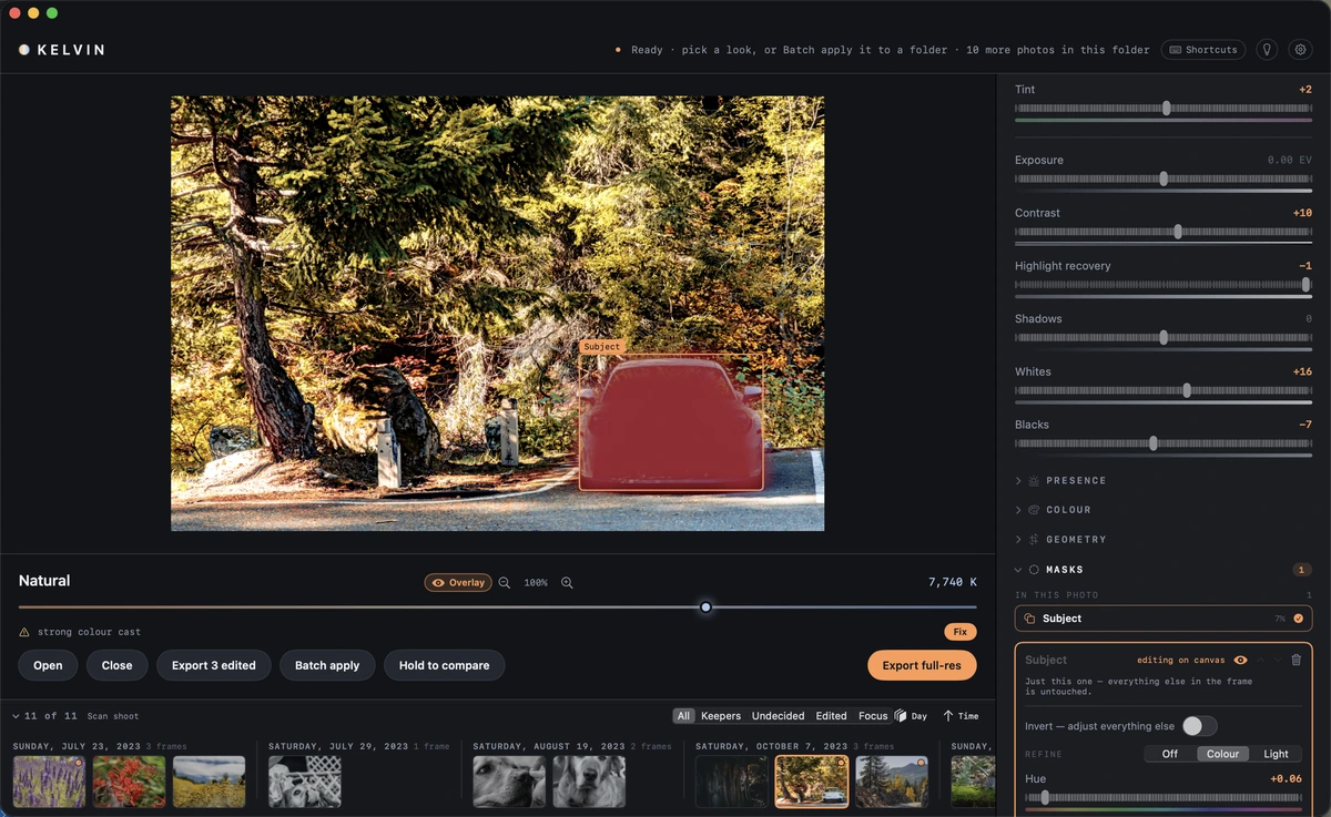 Kelvin's filmstrip grouped into capture days — Sunday 23 July 2023, 3 frames; Saturday 29 July 2023, 1 frame — beneath the main image and its adjustment panel.